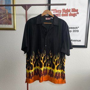Vintage Y2K 2000s Flames Short Sleeve Oversized Button Up Shirt